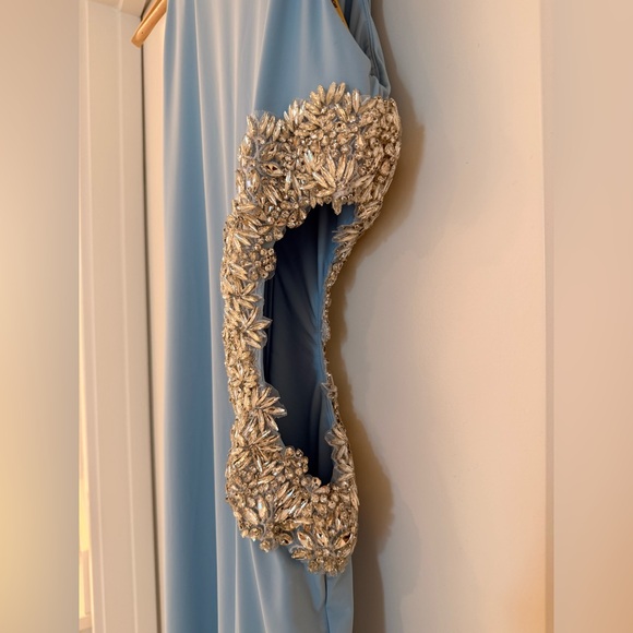 NWOT BRONX AND BANCO Camila Rhinestone Cutout Maxi Dress in powder blue - Picture 7 of 12